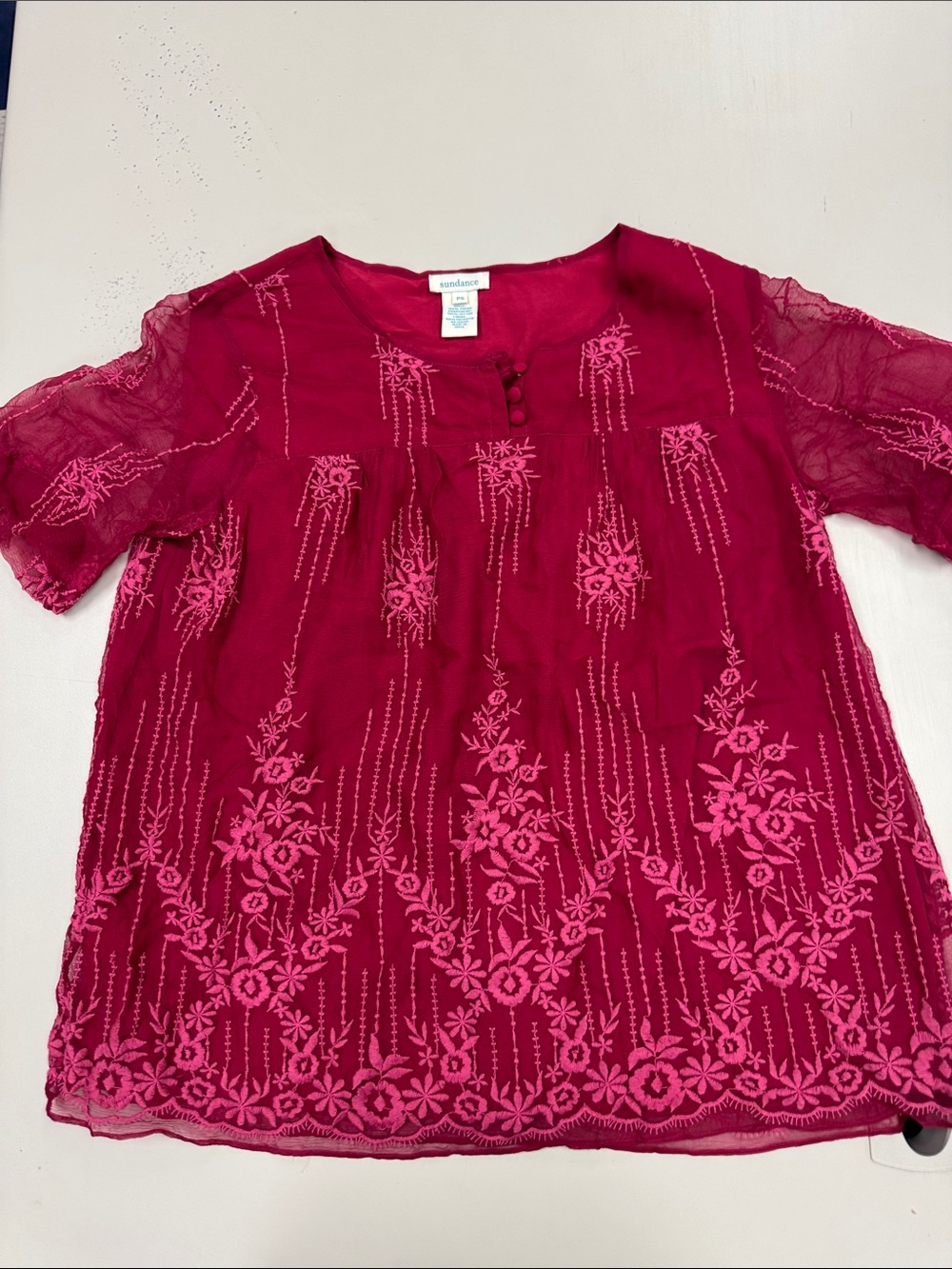 Sundance Fuchsia Embroidered Short Sleeve Blouse